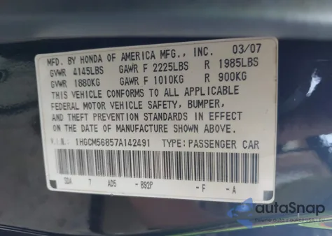2007 Honda Accord 2.4 Ex from USA, damaged, VIN 1HGCM56857A142491